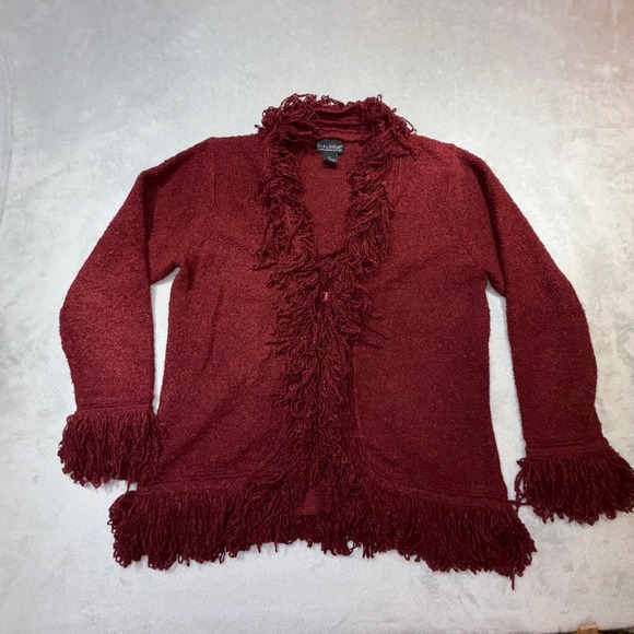 Dialogue Sweaters - Vintage Y2K Shaggy Fringe Trim Knit Cardigan Burgundy Boho Whimsygoth Red Medium